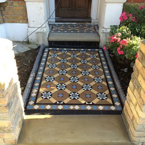 victorian mosaic tiles in front of a house as a path leading to the front doors